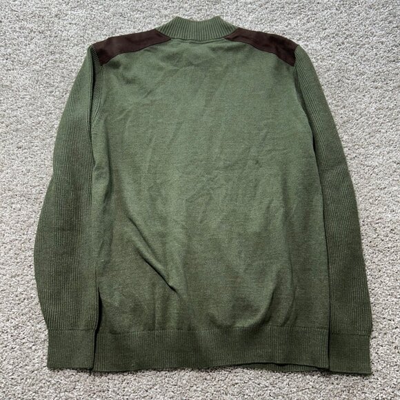 Roundtree & Yorke Sz L Green Full-Zip Ribbed Sweater With Suede Shoulder Patches - Picture 4 of 9